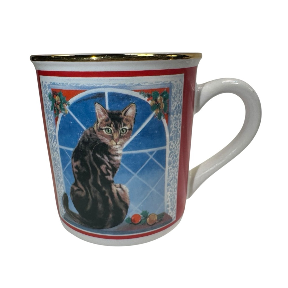 Papel Freelance Cat Christmas Mug Cup Tabby Holiday Window Gold Rim Vintage